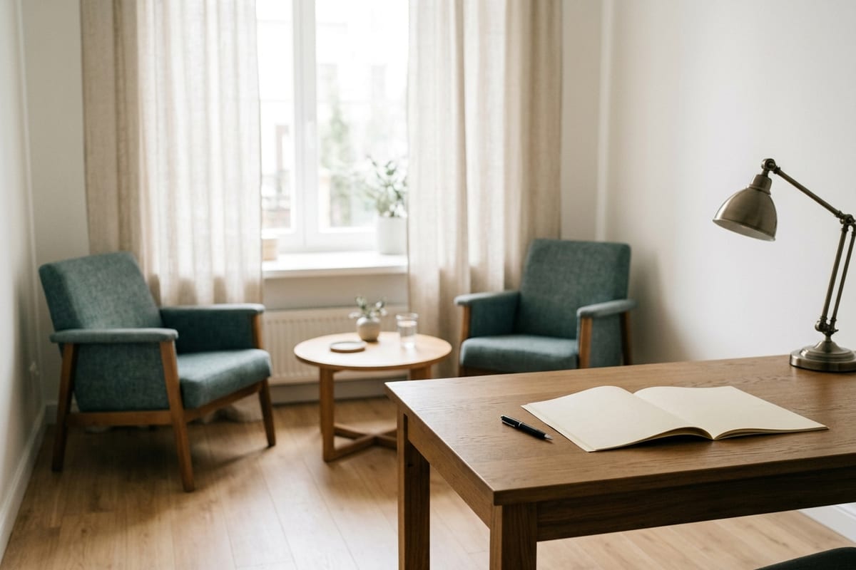 Кабинет врача: рабочий стол с раскрытой пустой медицинской картой, ручка, настольная лампа, два кресла напротив